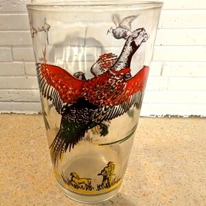 Vintage MCM Pheasant Birds Hunters Dog Drink Glasse Hazel Atlas Rare
